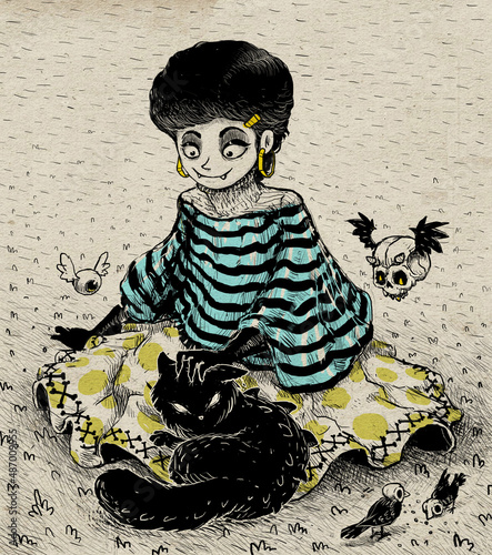 Girl in summer dress and hear pets. Hand draw and inc style illustration. Spooky atmosphere, good for posters and cards.