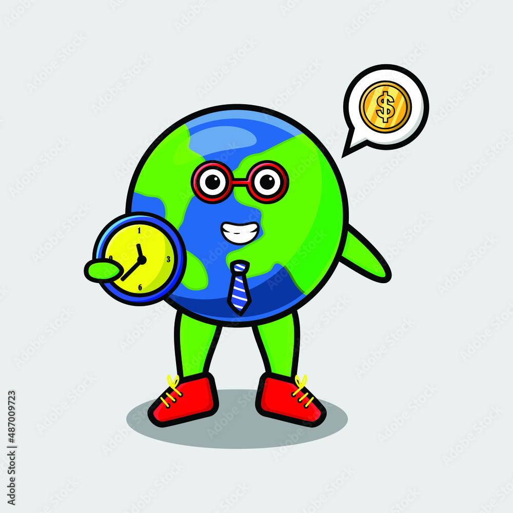 Cute cartoon earth character holding clock with happy expression in concept 3d cartoon style Cute cartoon earth character holding clock with happy expression in concept 3d cartoon style