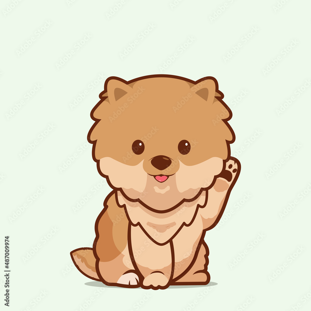 Fototapeta premium Cartoon illustration of pomeranian german spitz dog cute pose. Vector illustration of pomeranian german spitz dog