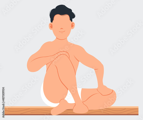 Man sitting and relaxing in sauna isolated on white. Bathhouse or banya. Wellness spa procedures. Male character in hot steam bath resting alone. Person takes care of health, enjoys in steam-room