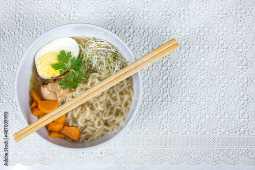 Traditional Japanese ramen on top of a light background