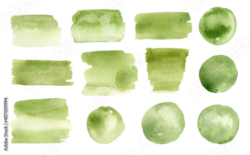 Set of abstract watercolor stains and brushstrokes of green color isolated on white background. Round and rectangular paint spots. Perfect for decorations, cards, various designs.
