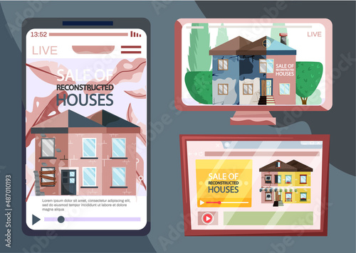 Creative mobile real estate sale web concept. Sale of reconstructed houses advertising announcement banner. Home renovation, building maintenance service, sale of used homes on secondary market