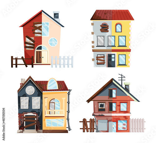 Home renovation, house before and after repair. New and old suburban cottage. Remodel construction. Old run-down house remodeled into cute traditional suburban cottage. Building maintenance service