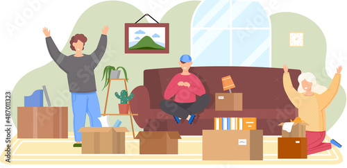 Family moving to new house, people moving to new house, carrying things to apartment, changing place of residence, relocation. Unpacking things after shipping, decorating home. Rental of premises