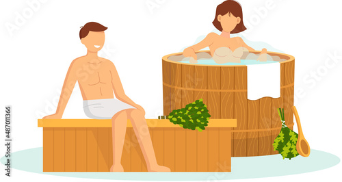 Cartoon people characters taking steam bath together. Flat vector illustration. Woman and man enjoying baths and steam, hammam with sauna whisk. Relax, health, bathhouse concept, wellness procedure
