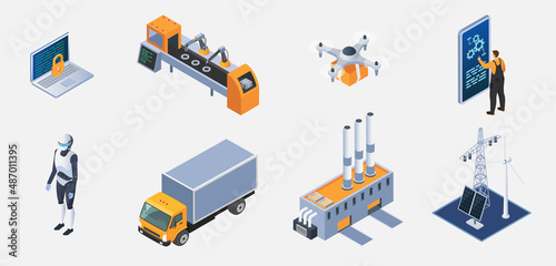 Industrial internet of things, modern production objects set. Innovation digital technologies in manufacturing and management of equipment. Smart green energy reaching for future, delivery service