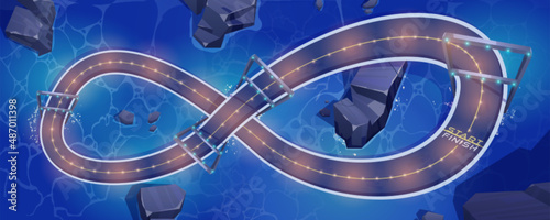 Speed race car track with light markers at night for game background. Vector cartoon illustration of circuit road for auto rally competition. Top view of loop racetrack on overpass above water