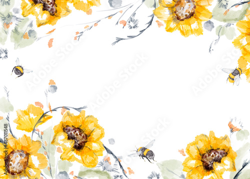 Women's Day Spring holiday. Watercolor hand drawn floral rectangular frame. illustration of sunflowers bumblebees leaves isolated on white background. Greeting card. Empty space template add your text