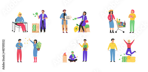 Rich and poor people concept. Happy smiling rich and unhappy sad poor persons. Social classes cartoon characters set isolated on white. Wealth and poverty, pauper, needy and moneybags businessman