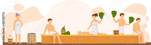 Sauna and steam room. Set of people in sauna. People relax and steam with birch brooms in traditional russian stove for female and male. Finnish bathhouse. Public sauna, Friends in spa resort