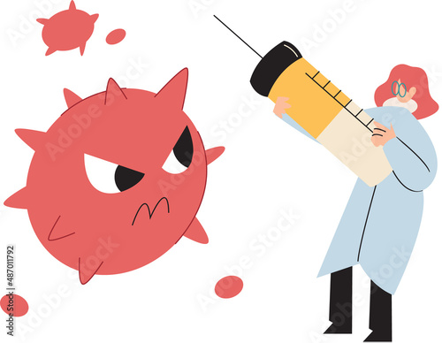 Scientist conducts scientific researches, virologist in lab, holding vaccine, syringe and wearing medical suit. Coronavirus vaccine complete development. Medicines for treatment, doctor with injection