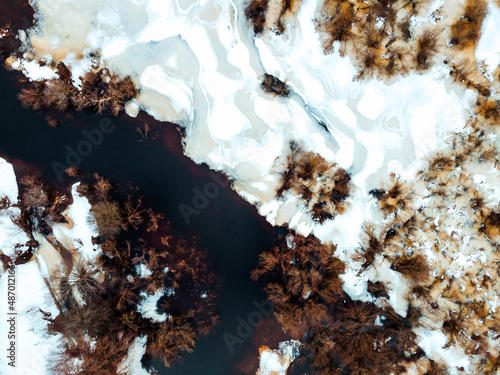 Water and ice surface texture. Aerial view from drone during thaw in early spring. Ice melting. Thin ice on the river.  Abstract ice background. © Uldis Laganovskis