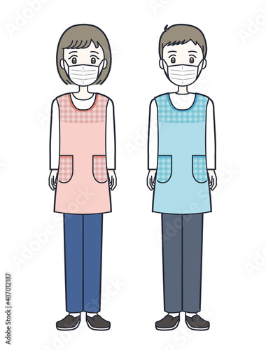 マスクをする若い保育士の男女セットのイラスト素材