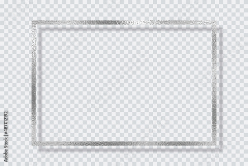 Silver rectangle foil smudge frame for text photo and other artwork, shiny grey metal border isolated on transparent background vector.