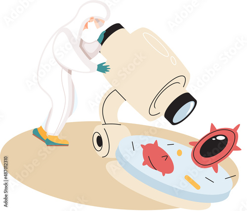 Virologist examines virus with microscope in laboratory. Scientist conducting scientific researches. Antivirus vaccine complete development. Pharmaceutical investigation, tests in chemical lab
