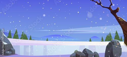 Winter landscape with frozen lake, conifers and hills on horizon. Vector cartoon illustration of nature scene with ice rink, white snow, trees, stones and snowfall
