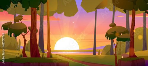 Summer landscape with forest and river at sunset. Nature scene with lake, path, trees, field and sun on horizon. Vector cartoon illustration of woods, lake and green grass at evening