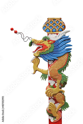 Dragon on pole in Chinese temple or Thousand Pillar Dragon isolated on white background with clipping path include for design usage purpose.
