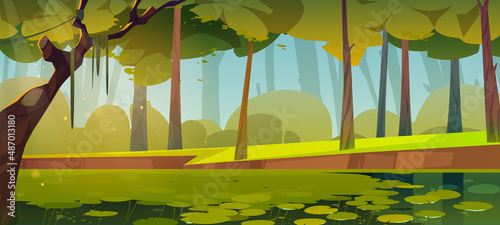Summer forest landscape with swamp. Vector cartoon illustration of pond with water lilies, green grass and trees. Natural park, garden or deep woods with lake