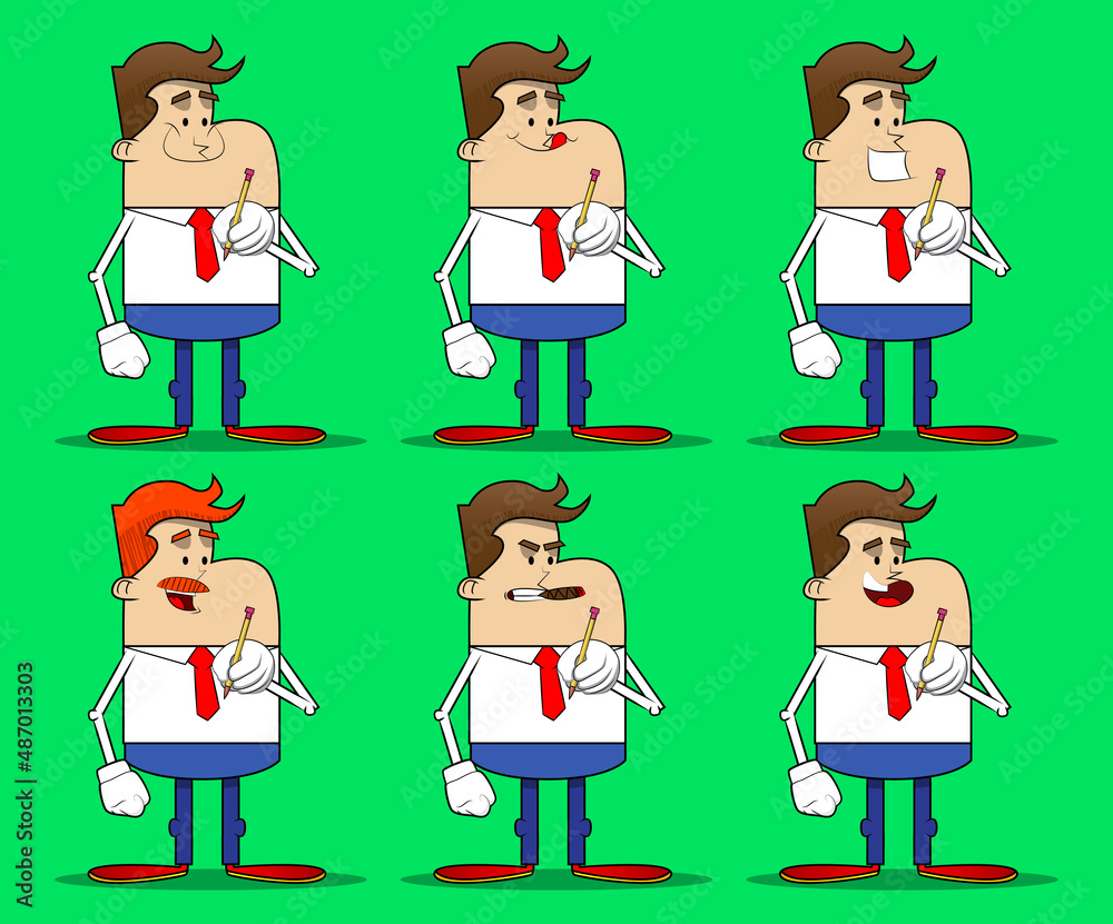 Simple retro cartoon of a businessman holding a pencil. Professional finance employee white wearing shirt with red tie. Simple retro cartoon of a businessman holding a pencil. Professional finance employee white wearing shirt with red tie.