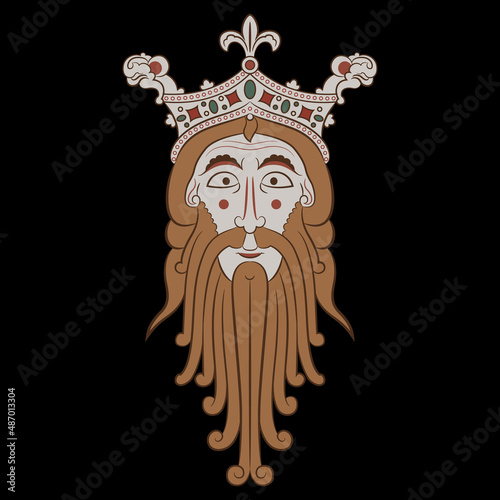 Head of Norse god Woden or Odin. Portrait of a bearded man in royal crown. Male head. Face of medieval kind. Isolated vector illustration. On black background.