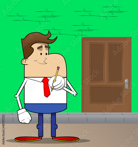 Simple retro cartoon of a businessman holding a pencil. Professional finance employee white wearing shirt with red tie.