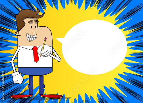 Simple retro cartoon of a businessman holding a pencil. Professional finance employee white wearing shirt with red tie.