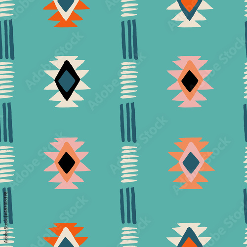 Traditional Native Americans Southwest, Navajo style, Aztec, Wild West seamless pattern. Ethnic, tribal geometric print.