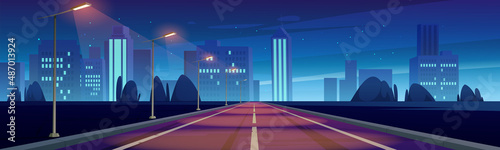 Road to night city, empty highway with glowing street lamps and skyline with urban architecture. Megalopolis infrastructure with modern skyscrapers under dark starry sky, Cartoon vector illustration