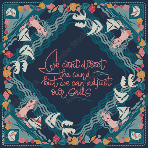 Sailboat, girl, seashell and handwritten lettering on blue. Vector illustration.