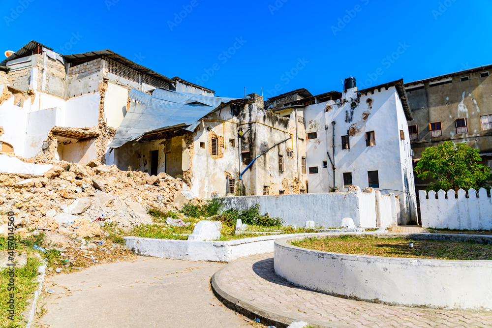Destroyed residential building at Stone Town. Ruins of the house. Zanzibar, Tanzania