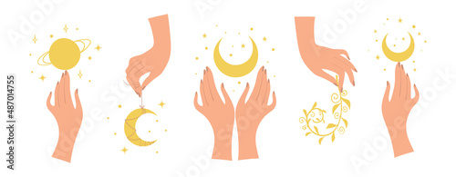 Women s hand with moon and crescent, a set of magical female icons for a witch. Boho symbols for astrology, tarot, future predictions. Flat vector illustration isolated on white background.