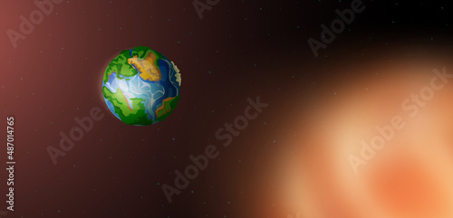 Earth in space with stars and huge glowing sun on defocused background. Blue planet covered with continents and oceans in far Universe, round astronomical object in cosmos, Cartoon vector illustration