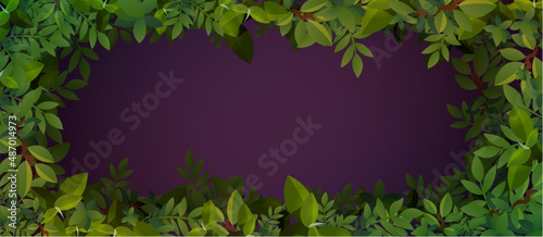 Frame of green leaves on dark background with copy space for text or image. Cartoon border design with lush foliage and branches, template for flyer, congratulation, invitation, poster, banner or card