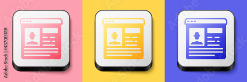 Isometric Resume icon isolated on pink, yellow and blue background. CV application. Searching professional staff. Analyzing personnel resume. Square button. Vector