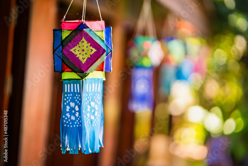 Phayao, Thailand - January, 09, 2022 : Colorful Lanna Buddhist Paper Lantern at Phayao, Thailand.