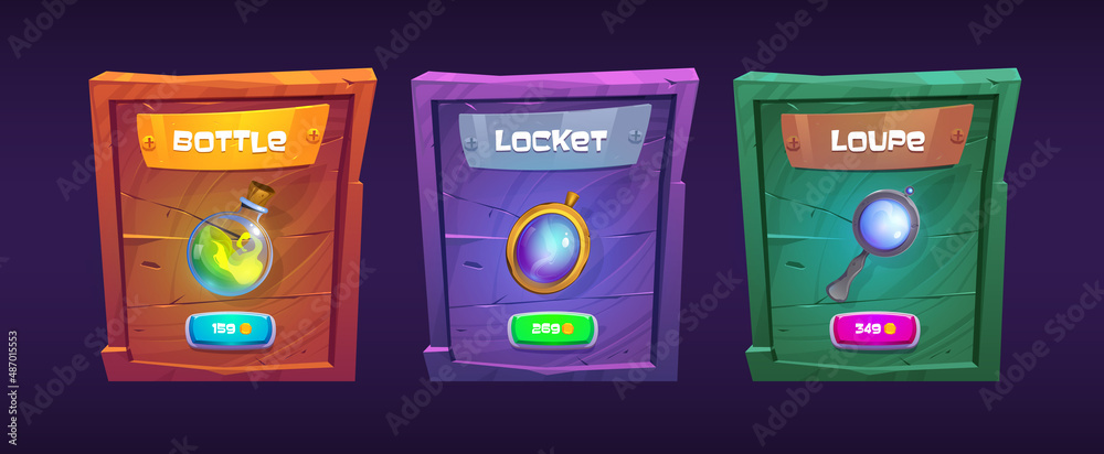 Bottle, locket and loupe game interface assets, shop menu items for RPG, wooden boards, screens for buying skills, medieval panel kit settings, user windows design elements Cartoon vector illustration Bottle, locket and loupe game interface assets, shop menu items for RPG, wooden boards, screens for buying skills, medieval panel kit settings, user windows design elements Cartoon vector illustration