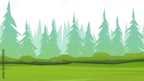 Forest in the fog. Beautiful coniferous trees. Summer rural landscape. Illustration in cartoon style flat design Isolated on white background. Vector