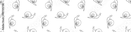 Vector seamless pattern with outline cute snails in style of sketch, doodle with spiral shell, side view, isolated. Nature background and texture