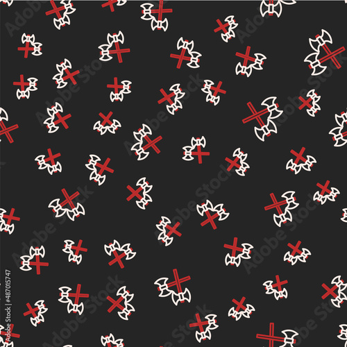 Line Crossed medieval axes icon isolated seamless pattern on black background. Battle axe, executioner axe. Medieval weapon. Vector