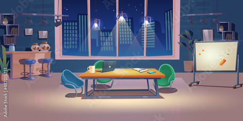 Night office, coworking space interior, business center with computer on desk, armchairs, coffee break zone and glowing lamps. Area for teamwork, freelance shared workplace Cartoon vector illustration