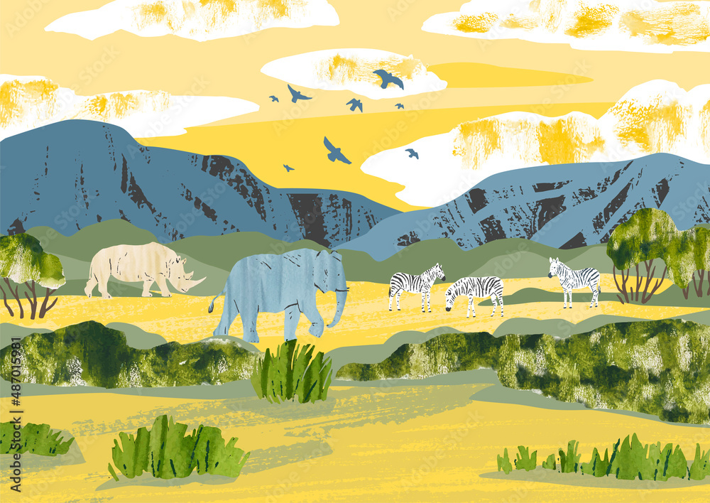 Africa. Savanna landscape with animals. Reserves and national parks outdoor. Bright hand draw vector Illustration with zebras, rhinoceros, elephant, birds, mountains, bushes and sunset