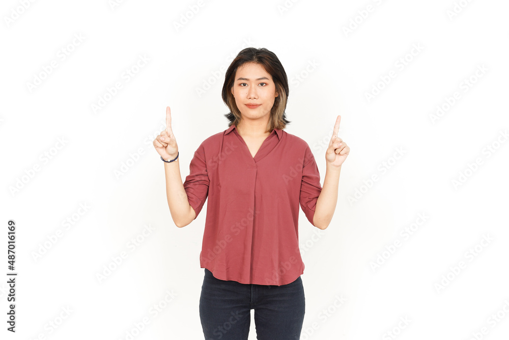 Presenting and Pointing up Product Of Beautiful Asian Woman Isolated On White Background Presenting and Pointing up Product Of Beautiful Asian Woman Isolated On White Background