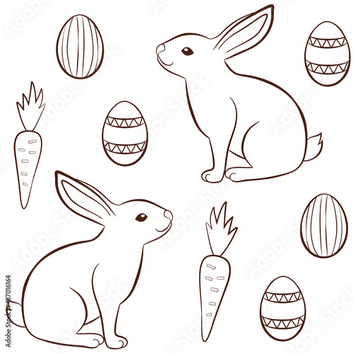Easter rabbits seamless pattern, vector illustration with bunnies, eggs and carrots, paschal rabbits print in outline style, hares line art