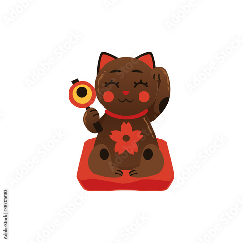 Black maneki neko cat, Japanese lucky symbol in flat style - vector illustration isolated on white background.