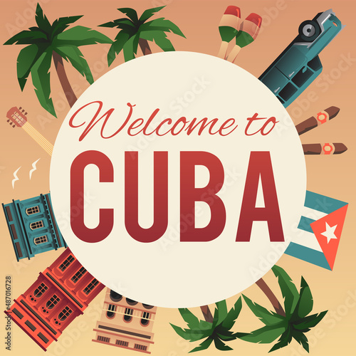 Welcome to Cuba square travel banner or poster design flat vector illustration.