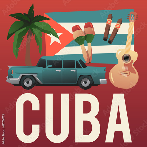 Traditional Cuban elements car, palm tree, cigars, maracas and flag - flat vector illustration.