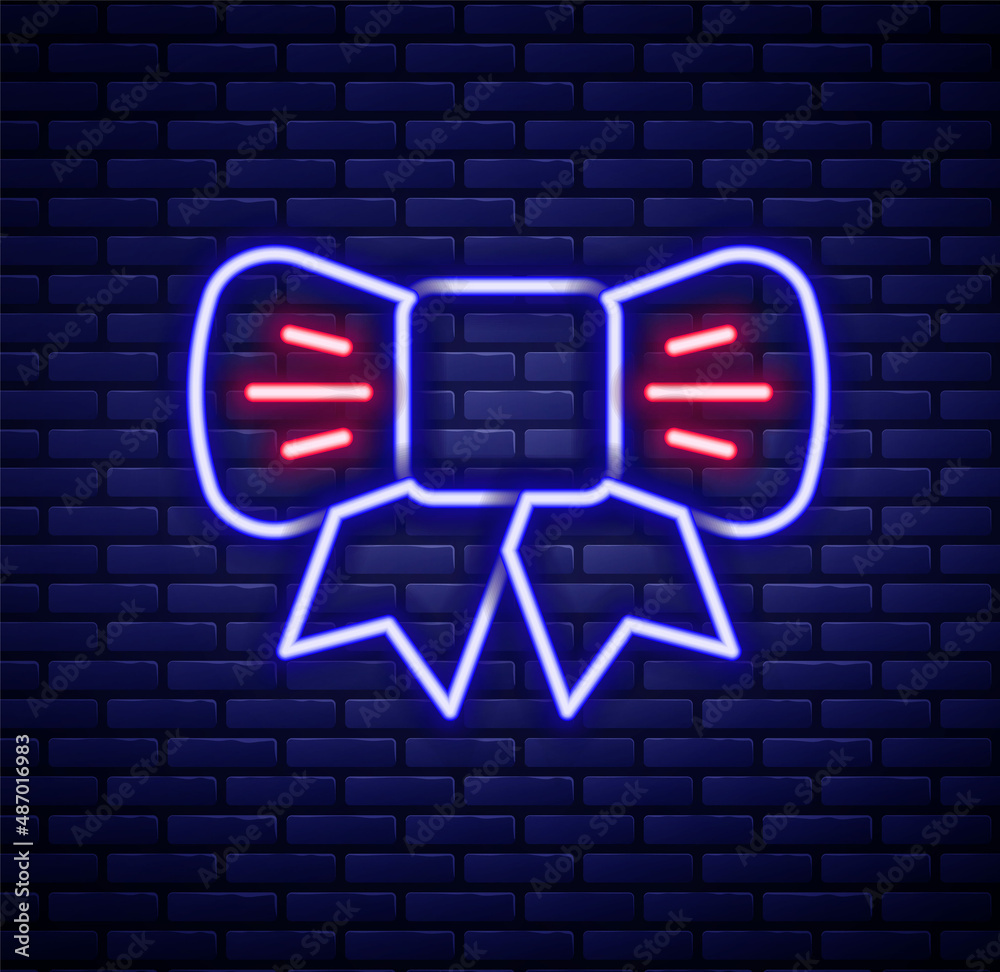 Glowing neon line Gift bow icon isolated on brick wall background. Colorful outline concept. Vector Glowing neon line Gift bow icon isolated on brick wall background. Colorful outline concept. Vector