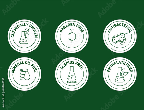 chemically proven, paraben-free, antibacterial, mineral oil-free, SLS free, phthalate-free,  icon vector illustration  photo